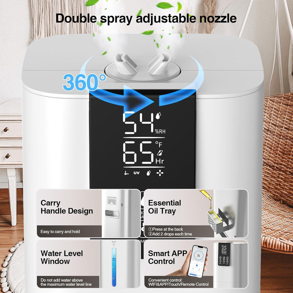 8L Top Fill Cold Mist Humidifier for Large Rooms, 48H Runtime, App & Remote Control U2832