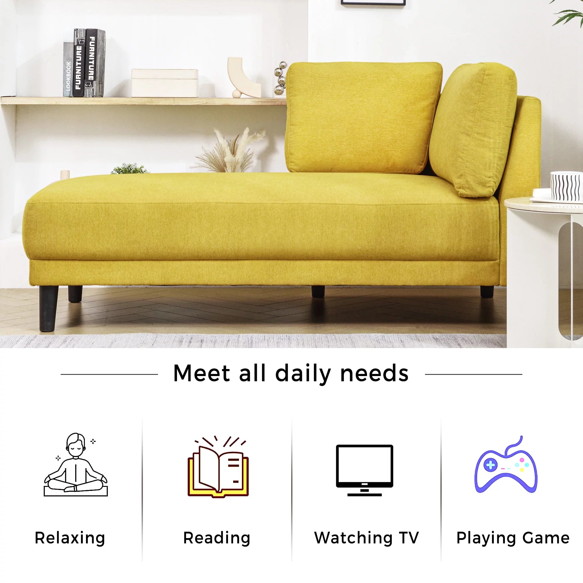 Yellow Chaise Lounge Chair with Arms for Living Room W991