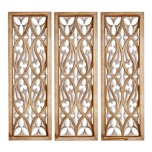 Carved Wood Wall Art Decor - Floral Design Panel, Distressed Antique Wall Sculpture for Living Room, Bedroom, and Entrance Hall A88064
