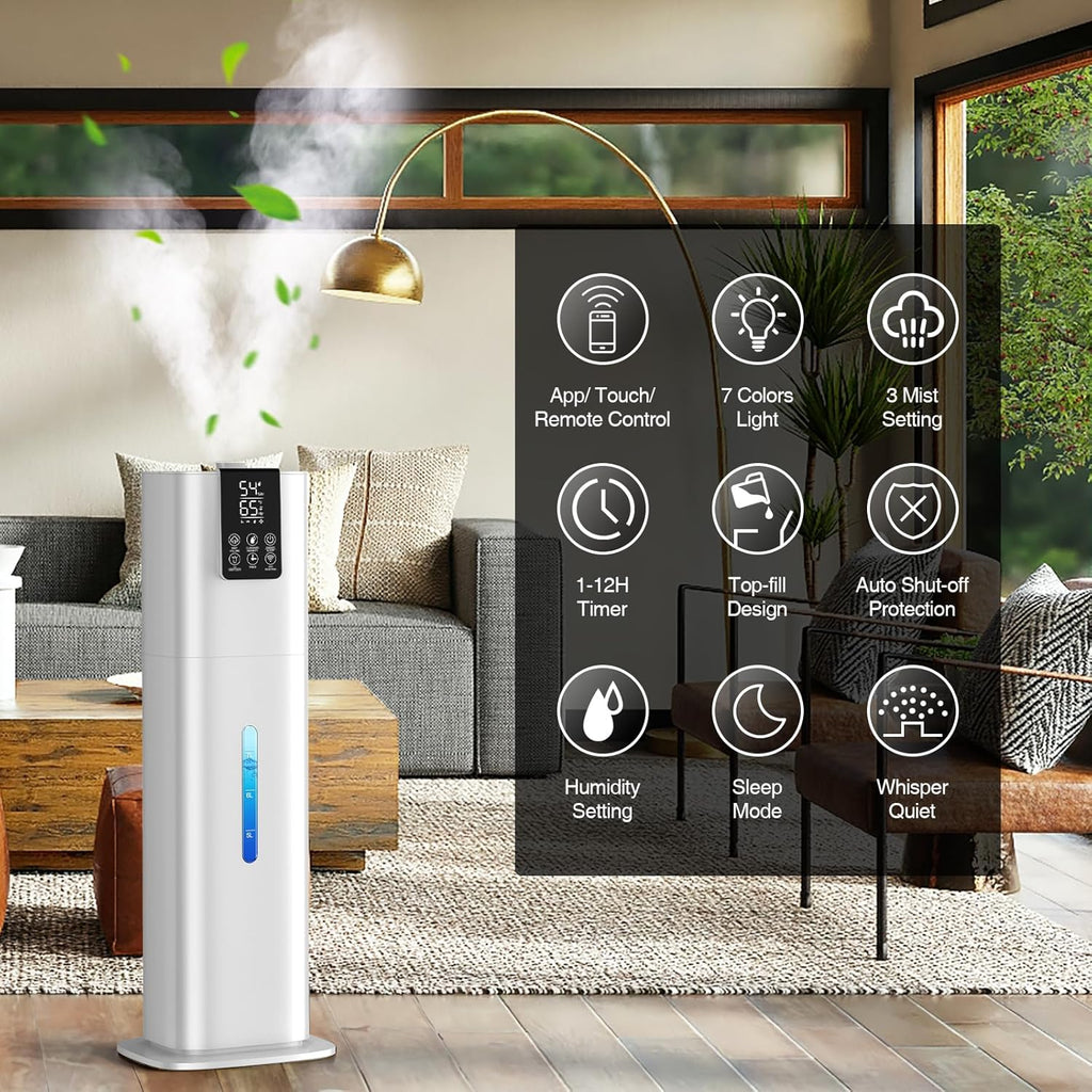 8L Top Fill Cold Mist Humidifier for Large Rooms, 48H Runtime, App & Remote Control U2832
