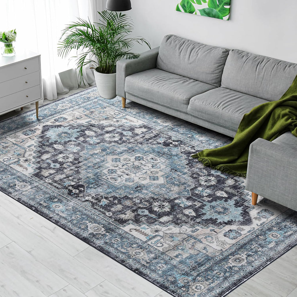 Vintage Blue 8x10 Non-Slip Washable Area Rug for Living Room J880404