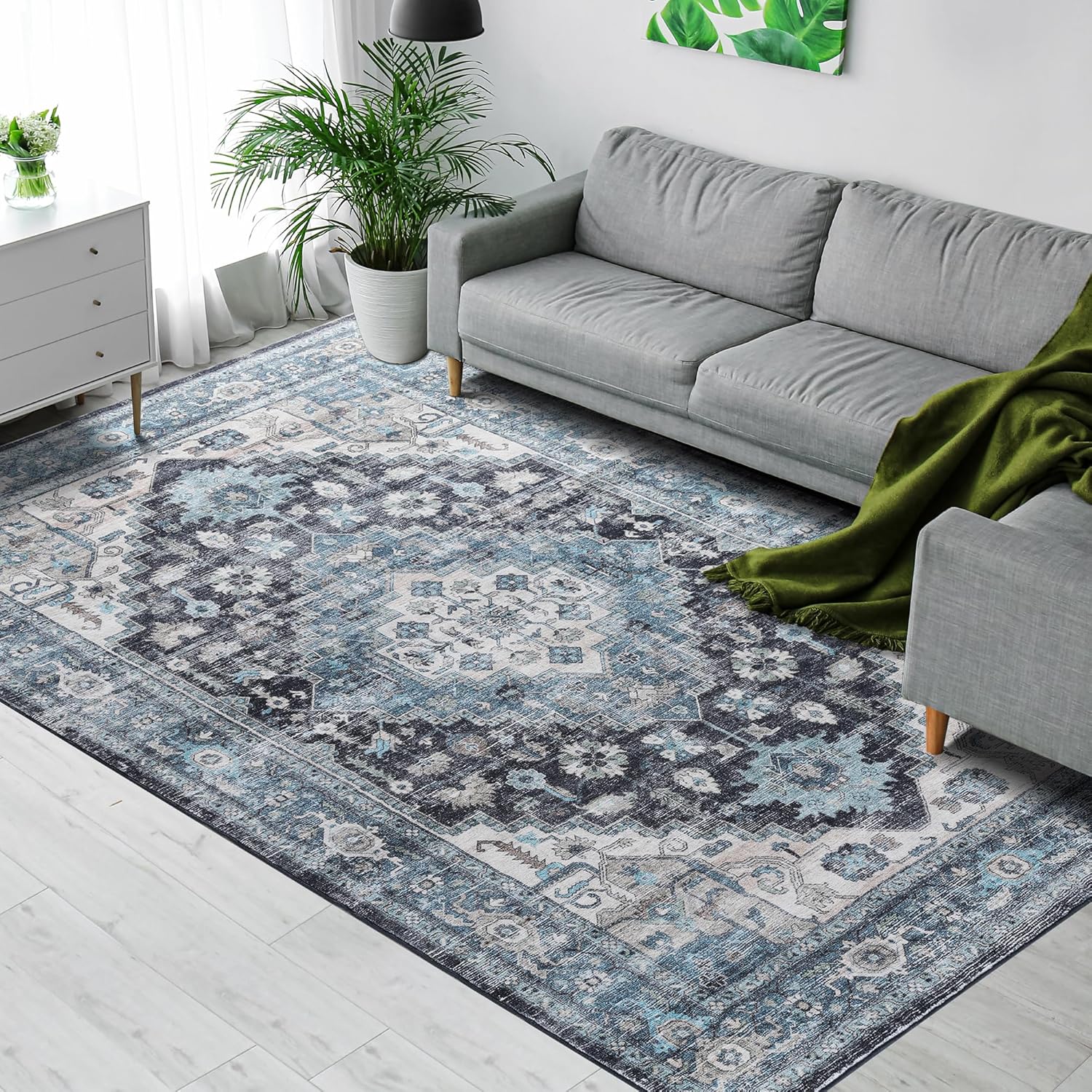 Vintage Blue 8x10 Non-Slip Washable Area Rug for Living Room J880404