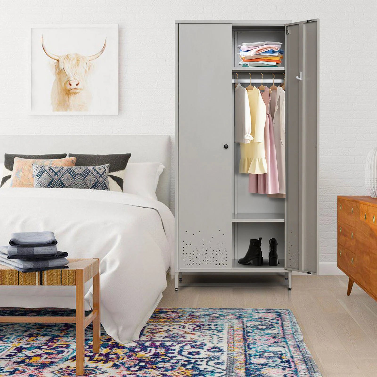 Metal Storage Wardrobe Cabinet with Adjustable Hanging Rod D52854