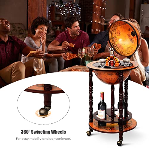 Globe Bar Cart, Wood Wine Cabinet with Wheels & Liquor Shelf D834655