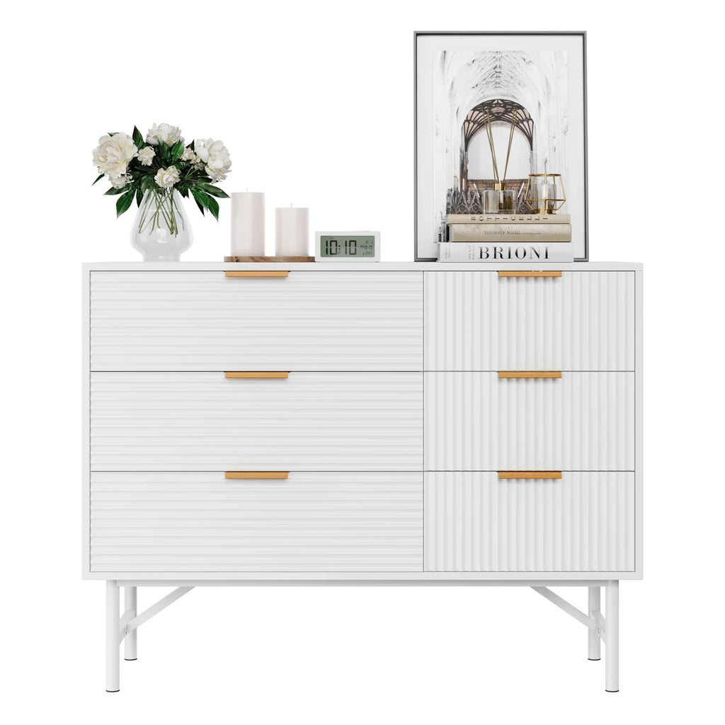 6 Drawer Dresser for Bedroom, Modern Creamy Wave Panel Wood Storage Cabinet X881