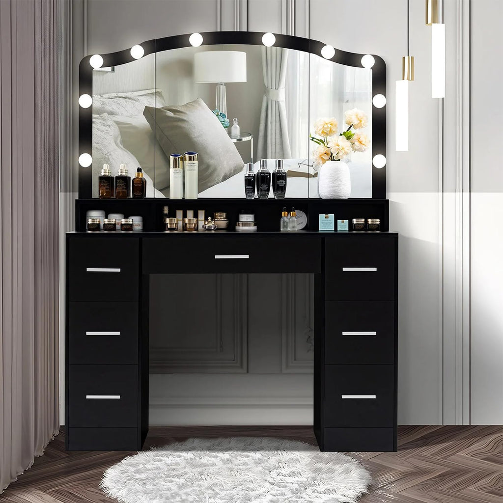 Black Vanity Desk with Lighted Mirror and 7 Drawers E874938