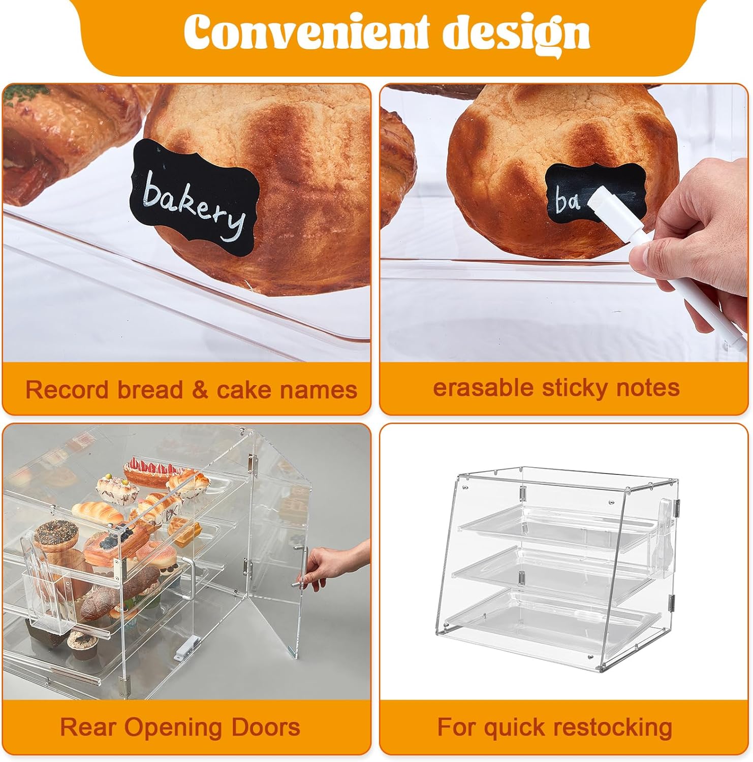 3 Tier Acrylic Bakery Display Case with Doors and Serving Tong E707