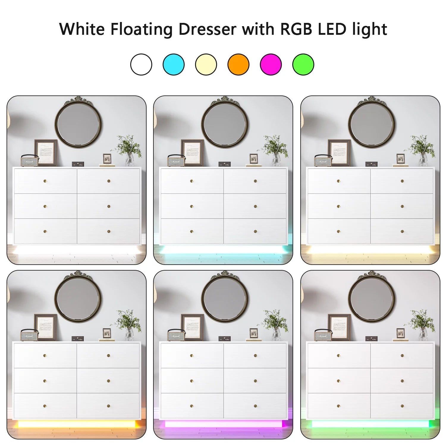 White 6 Drawer Dresser with LED Light for Bedroom Y281024