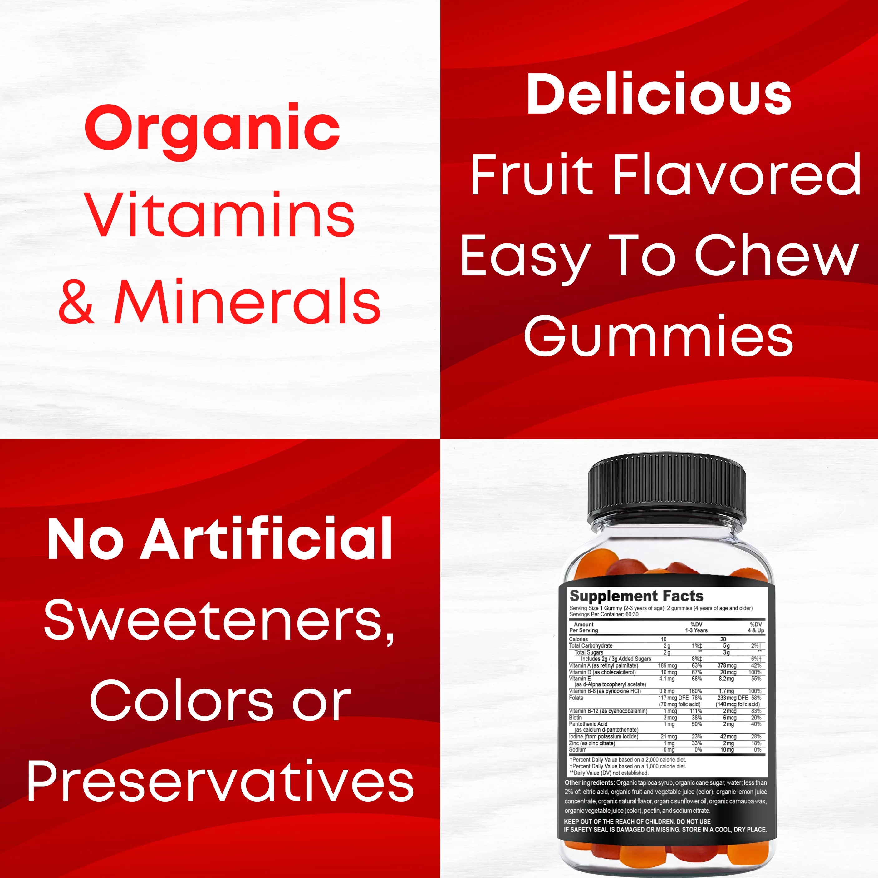 Organic Kids Multivitamin Gummies with Vitamin C, D, A, E, B6, B12, Biotin, Zinc, 60 Count W9752