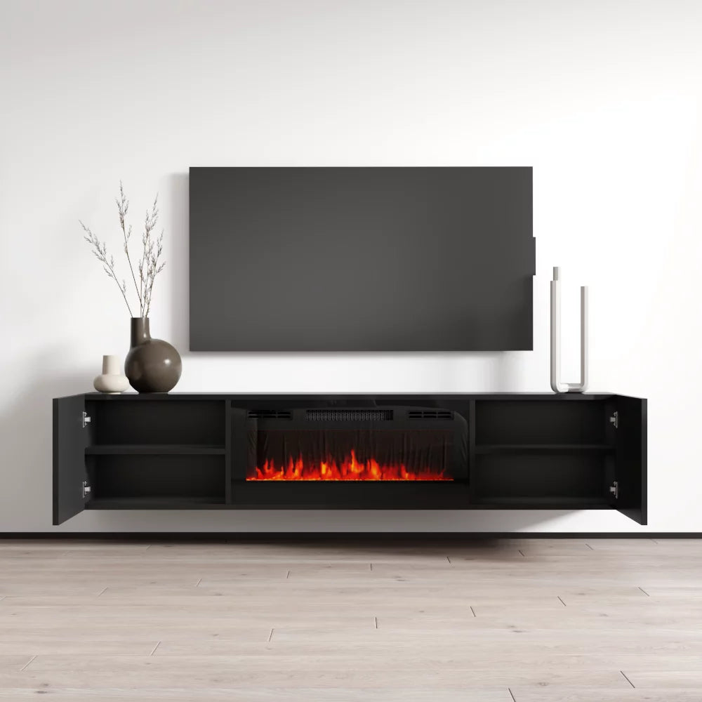 Floating Fireplace TV Stand for TVs up to 80", Modern High Gloss Entertainment Center with Storage I43928