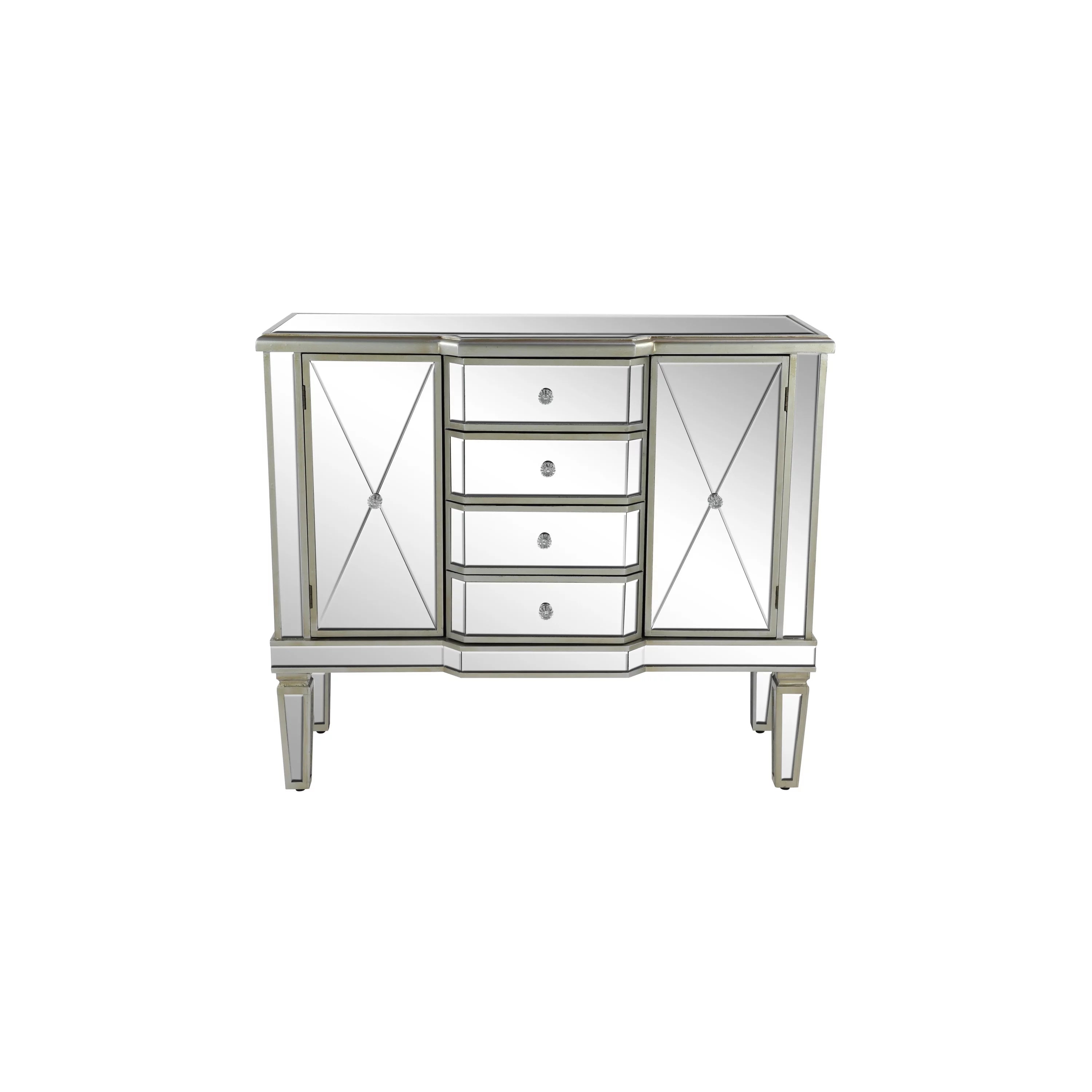 Silver Wood Mirrored Panel Buffet with 4 Drawers, 2 Shelves and 2 Doors D22531
