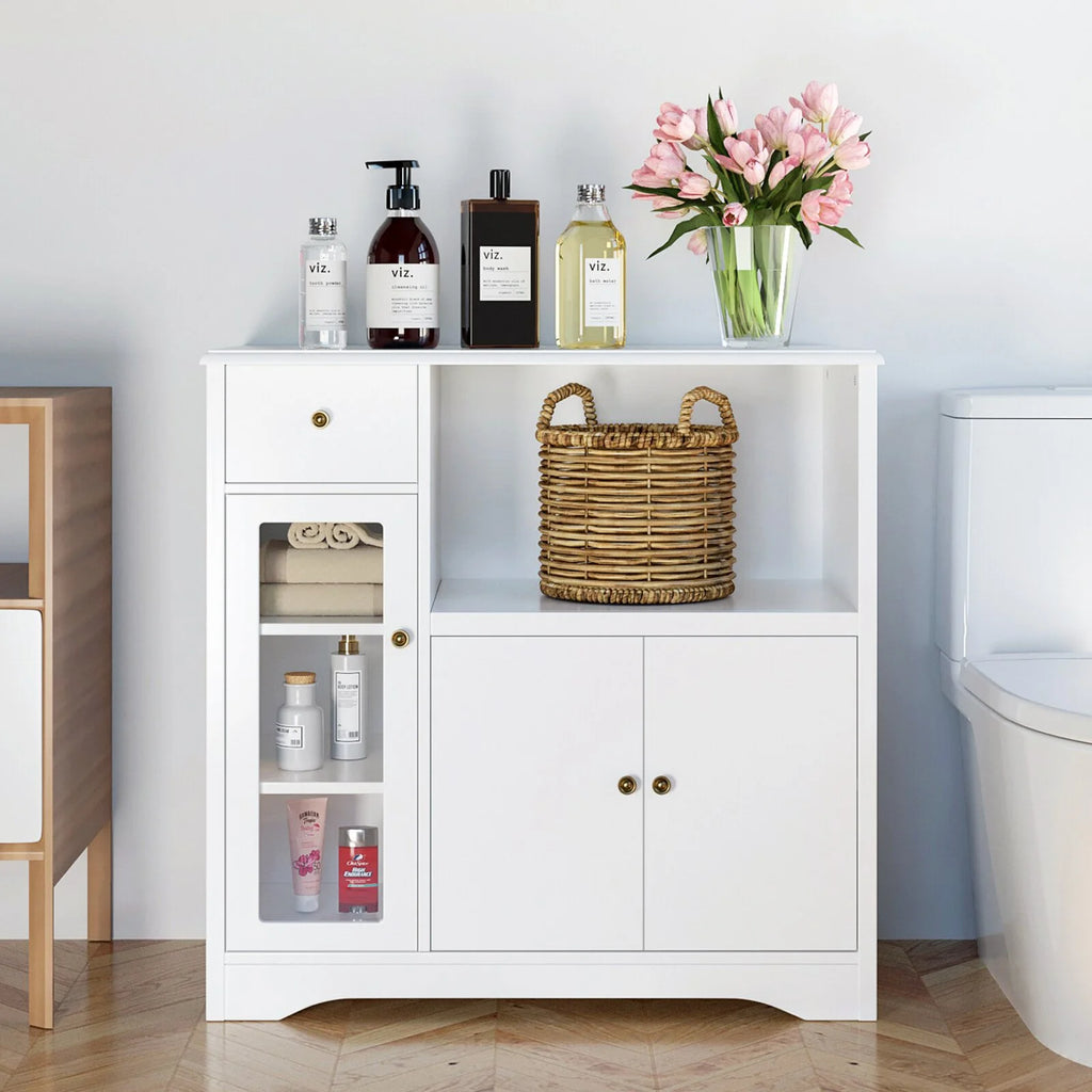 Microwave Cabinet with Hutch, Kitchen Pantry Sideboard with Adjustable Shelves and Drawer, White O10197