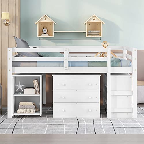 Low Study Loft Bed with Desk and Bookshelf J88891