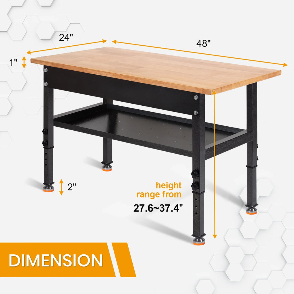 48" Adjustable Heavy-Duty Workbench with Rubber Wood Top V1606