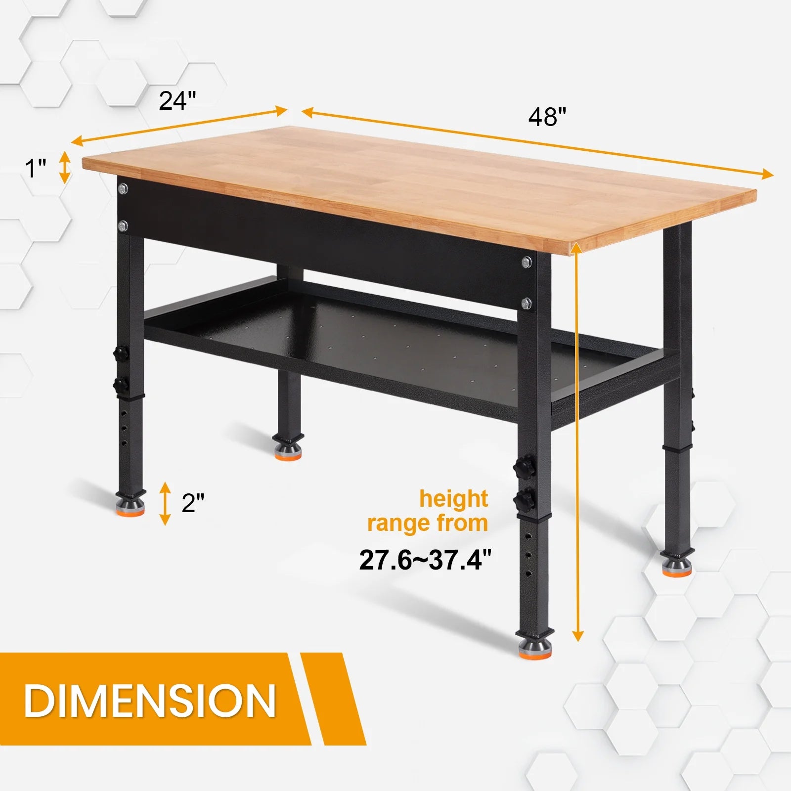 48" Adjustable Heavy-Duty Workbench with Rubber Wood Top V1606