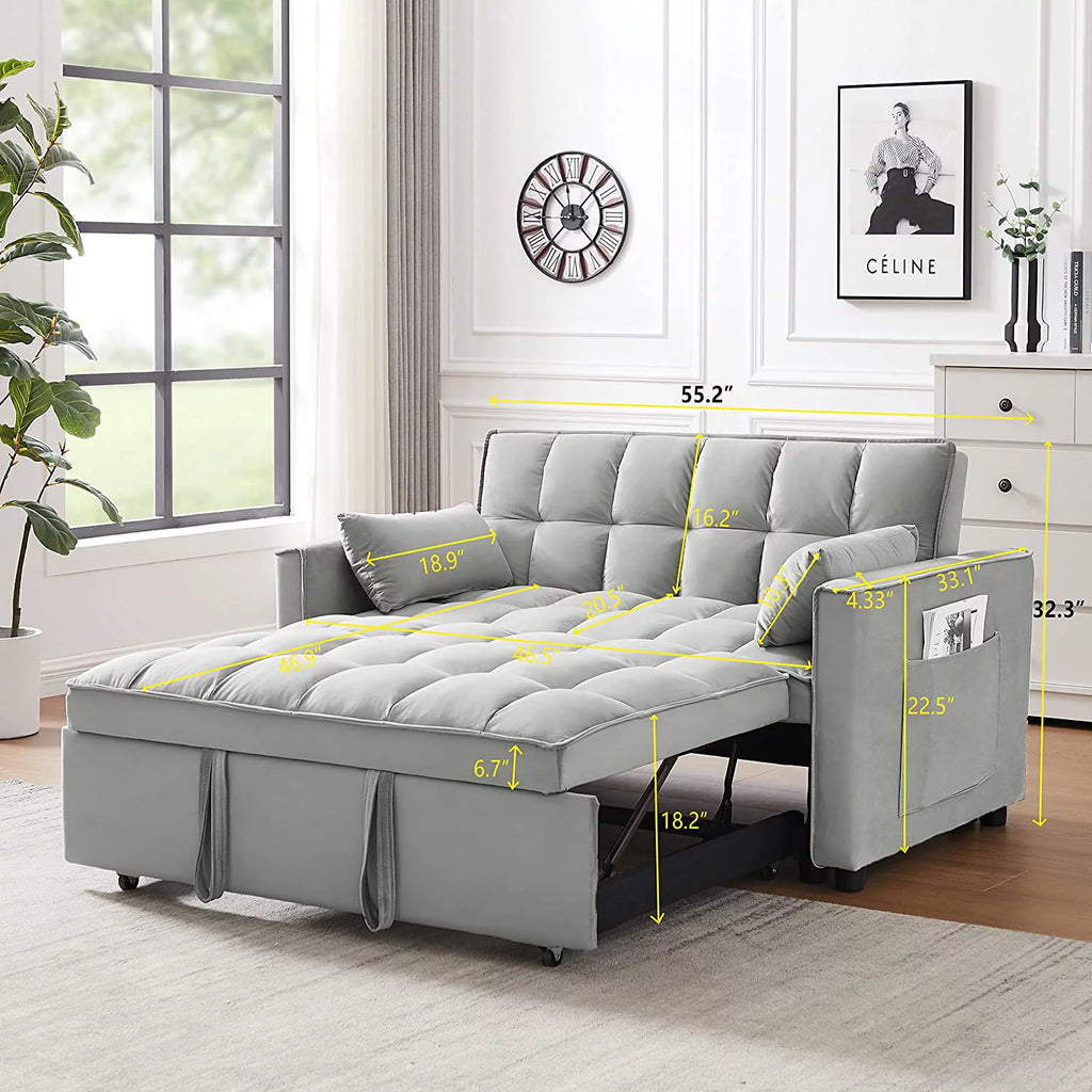 Pull Out Sleeper Sofa with Toss Pillows, Velvet Loveseat with Adjustable Backrest S57375