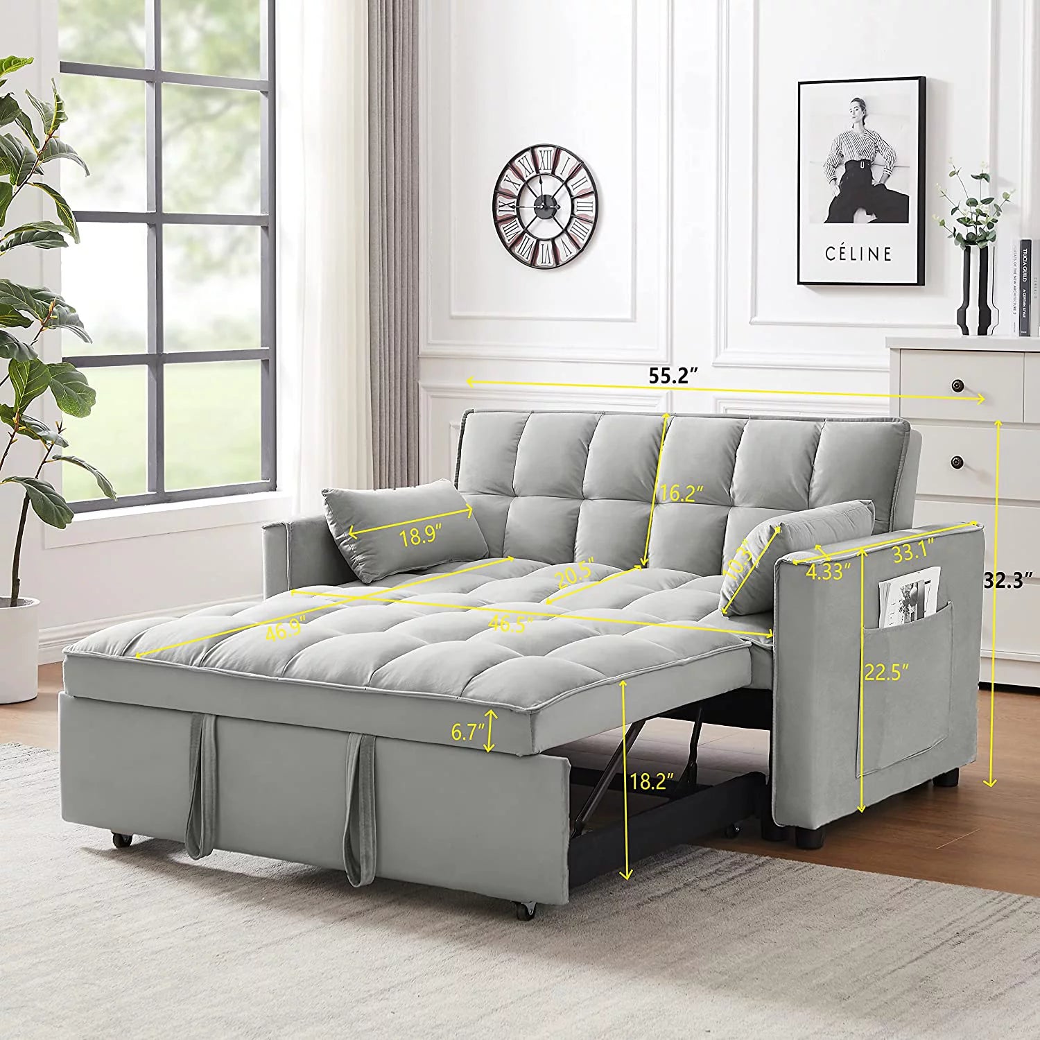 Pull Out Sleeper Sofa with Toss Pillows, Velvet Loveseat with Adjustable Backrest S57375