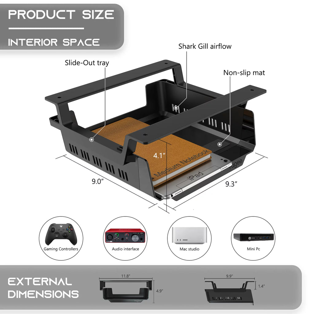 Under Desk Storage Shelf, Self-Adhesive Tray for Standing Desk, Work Station, Gaming Battlestations, Black M123463
