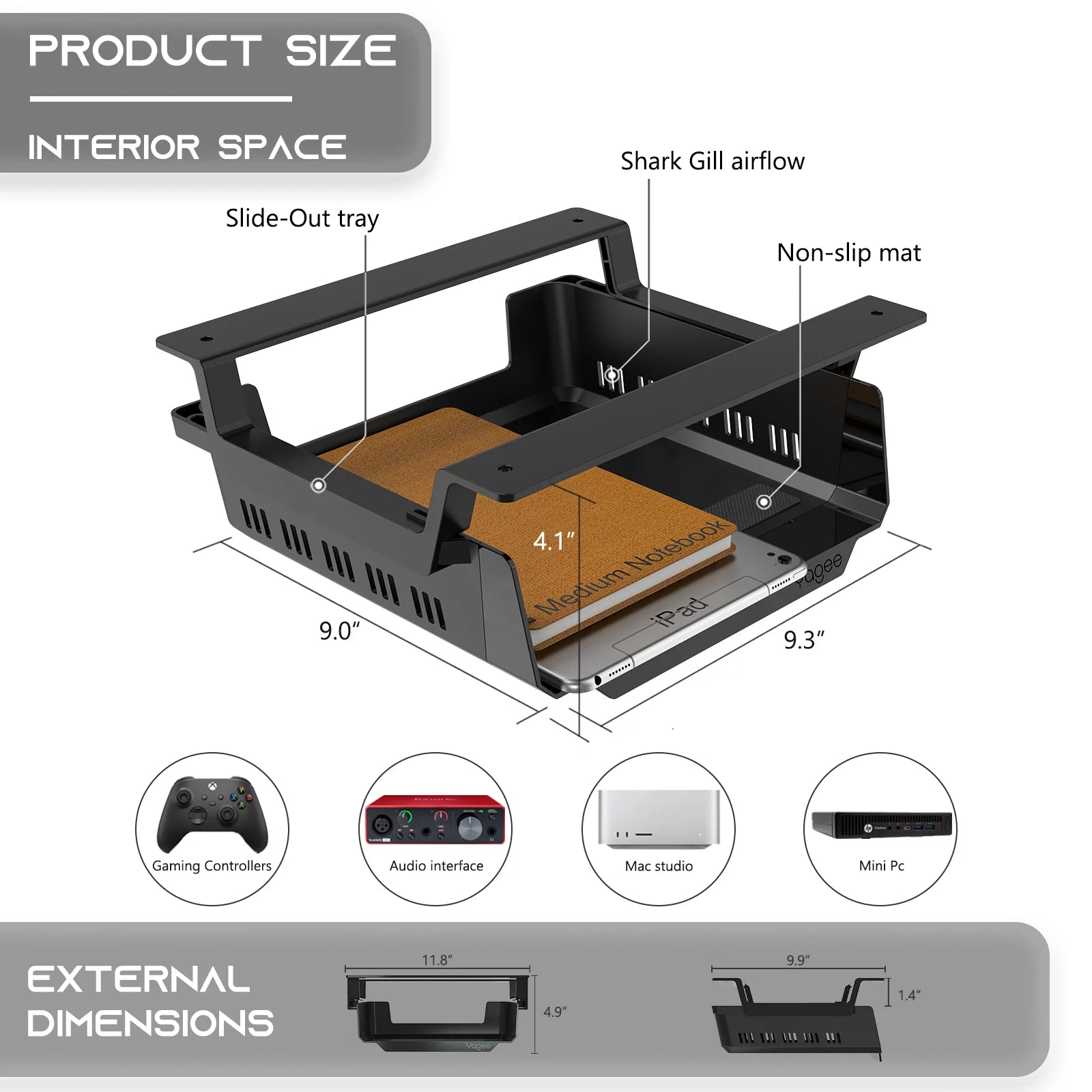 Under Desk Storage Shelf, Self-Adhesive Tray for Standing Desk, Work Station, Gaming Battlestations, Black M123463