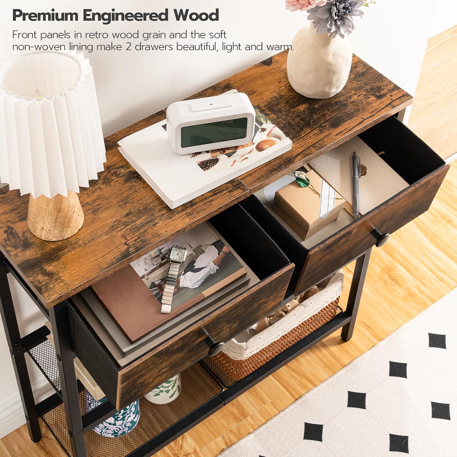 Narrow Console Table with 2 Fabric Drawers and Charging Station, Rustic Brown and Black O9157