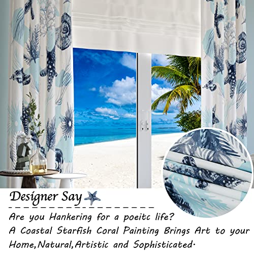 Coastal Nautical Curtains Blue White Beach Sea Starfish Seashell Light Blocking Window Drapes 2 Panels 52x96 P8665