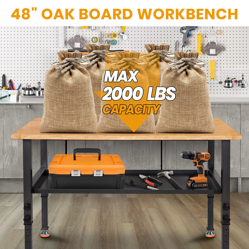 48" Adjustable Heavy-Duty Workbench with Rubber Wood Top V1606