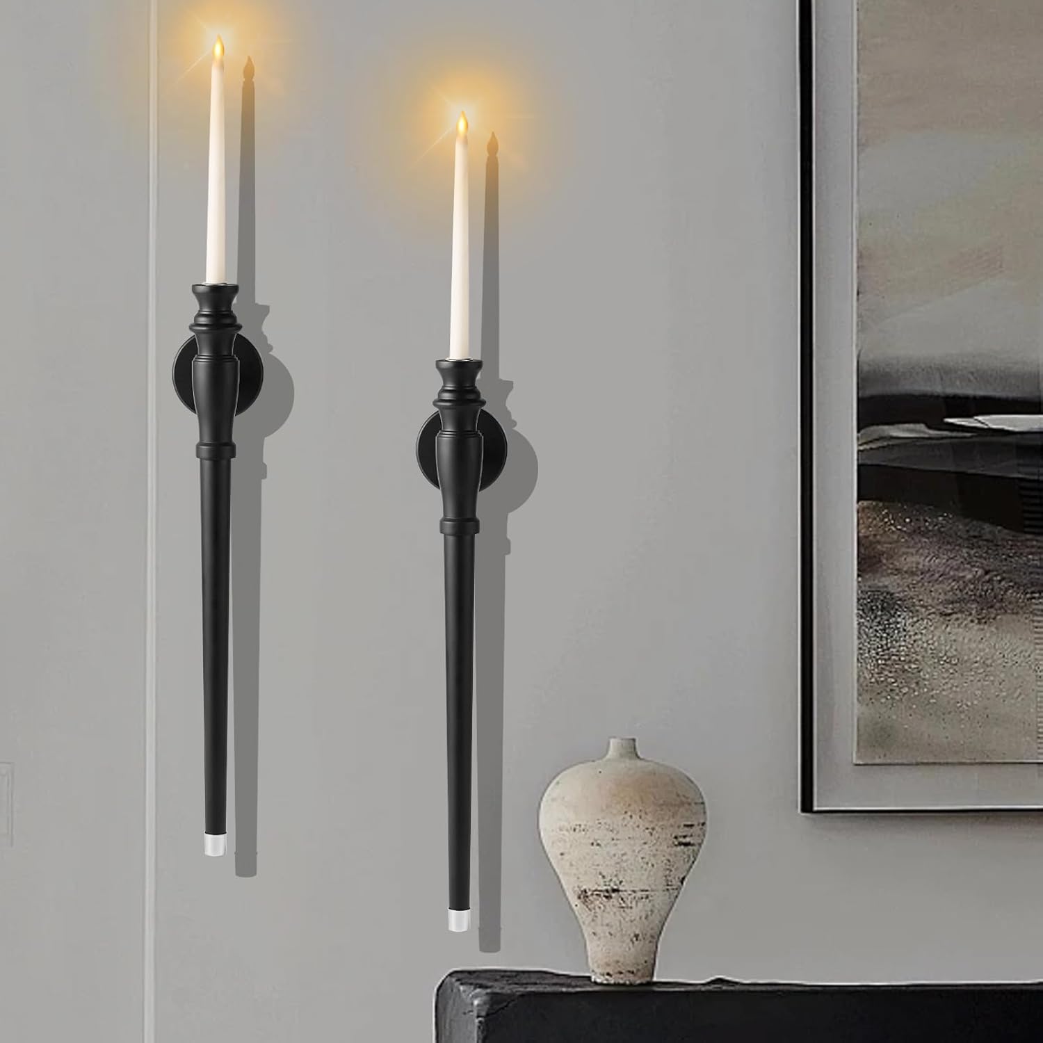 Wall Candle Sconces Set of Two, Wooden Black Taper Candle Holders U432