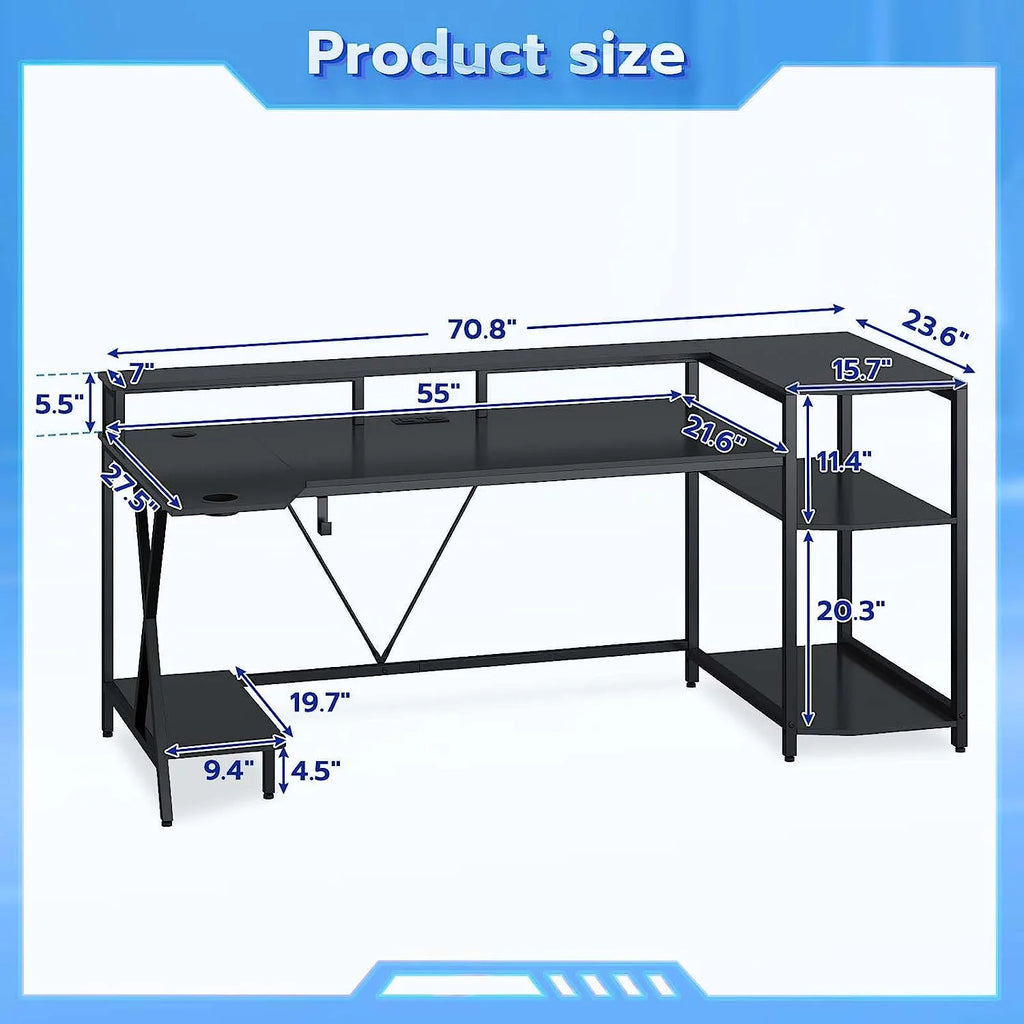 Gaming Desk with LED Lights and Storage Shelves D8814