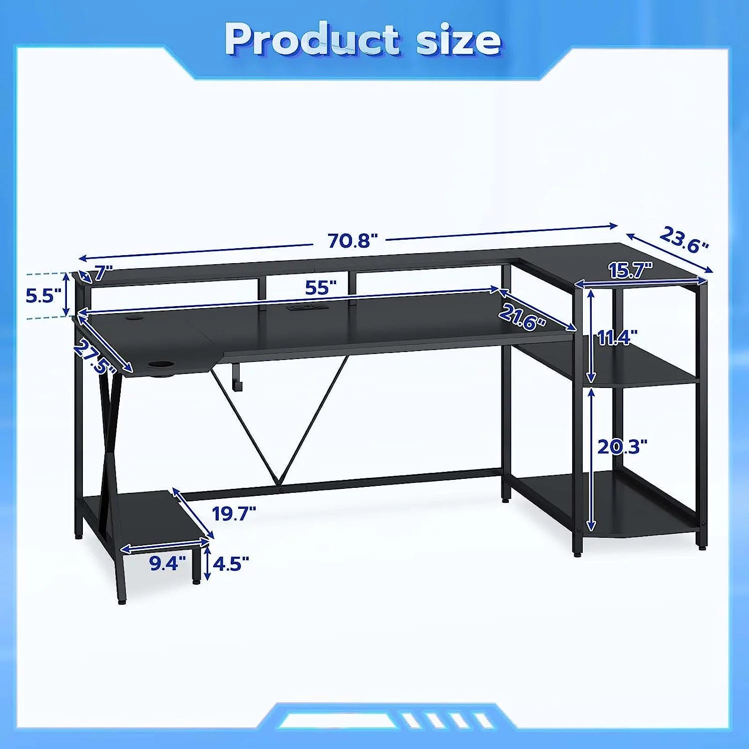 Gaming Desk with LED Lights and Storage Shelves D8814