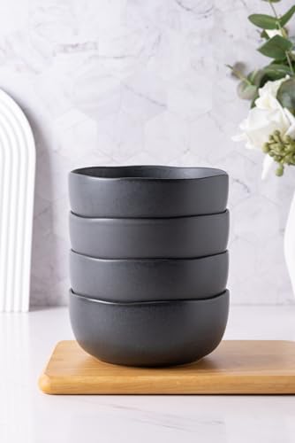 Stoneware Cereal Bowls Set of 6, 28oz Chip-Resistant Ceramic Soup Bowls with Wavy Rim N457