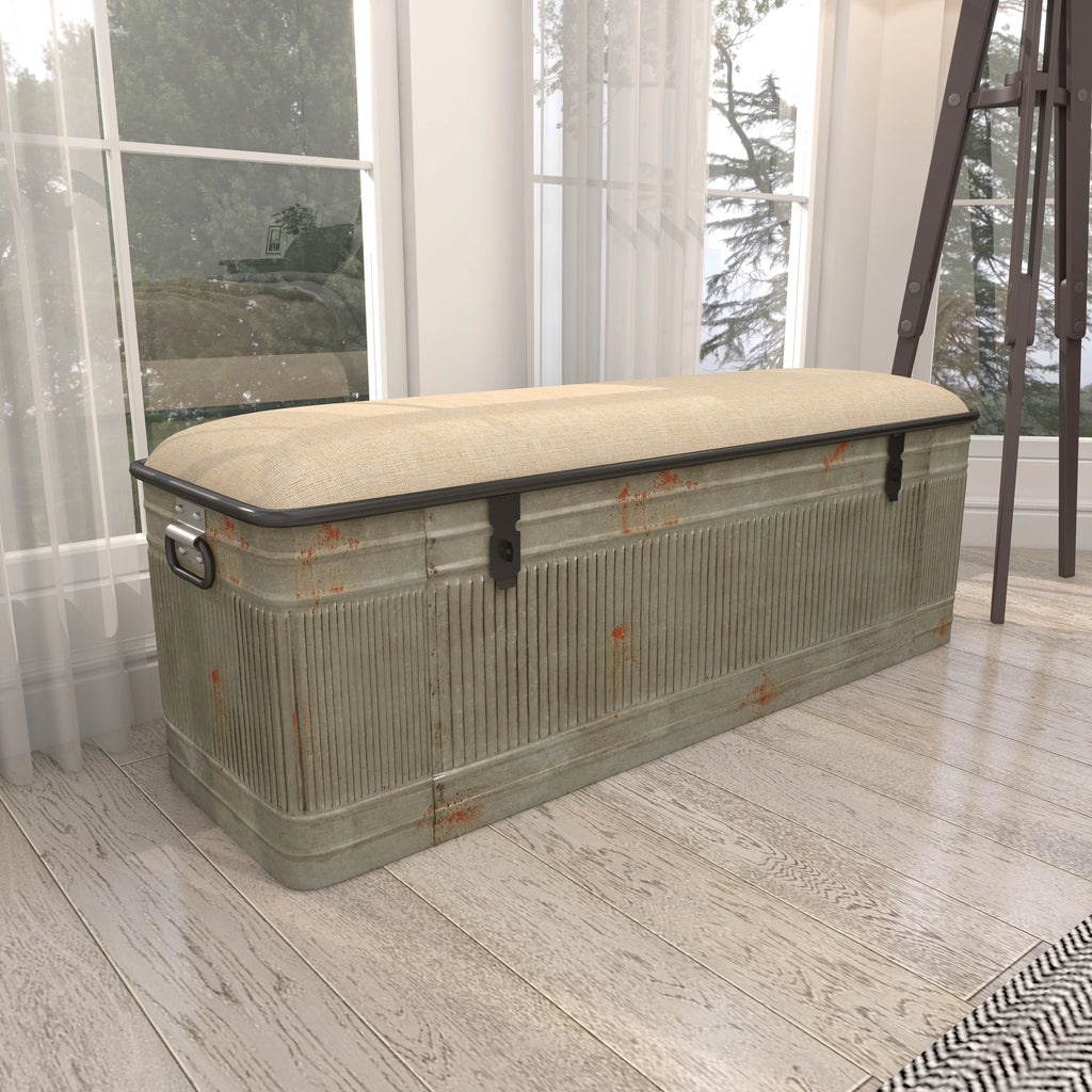 Metal Galvanized Storage Bench with Cream Burlap Top E438064
