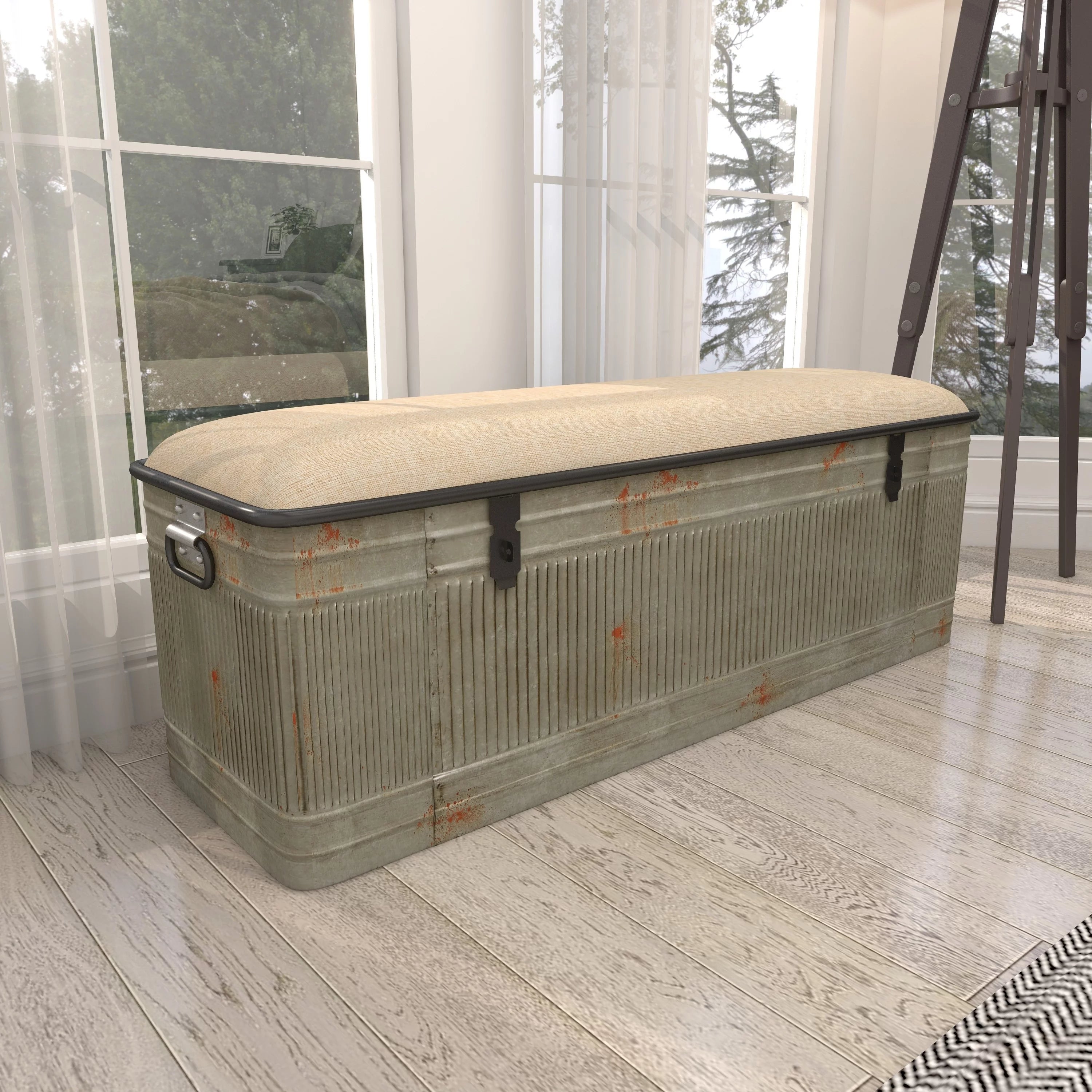 Metal Galvanized Storage Bench with Cream Burlap Top E438064