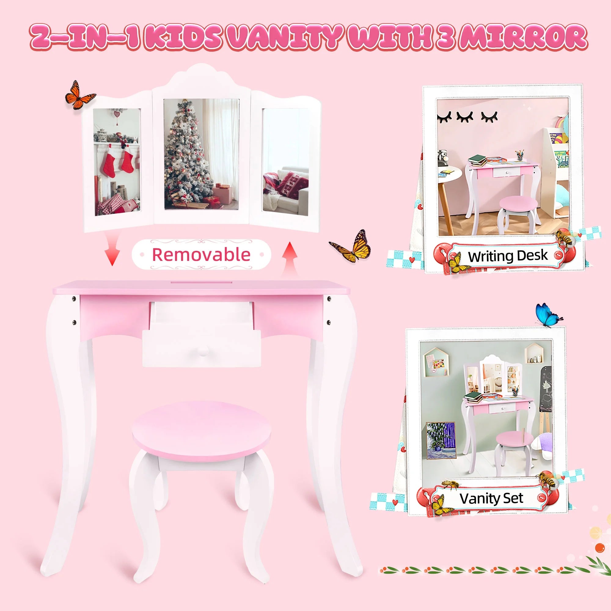 Kids Vanity Set with Mirror and Table, Pink B9511