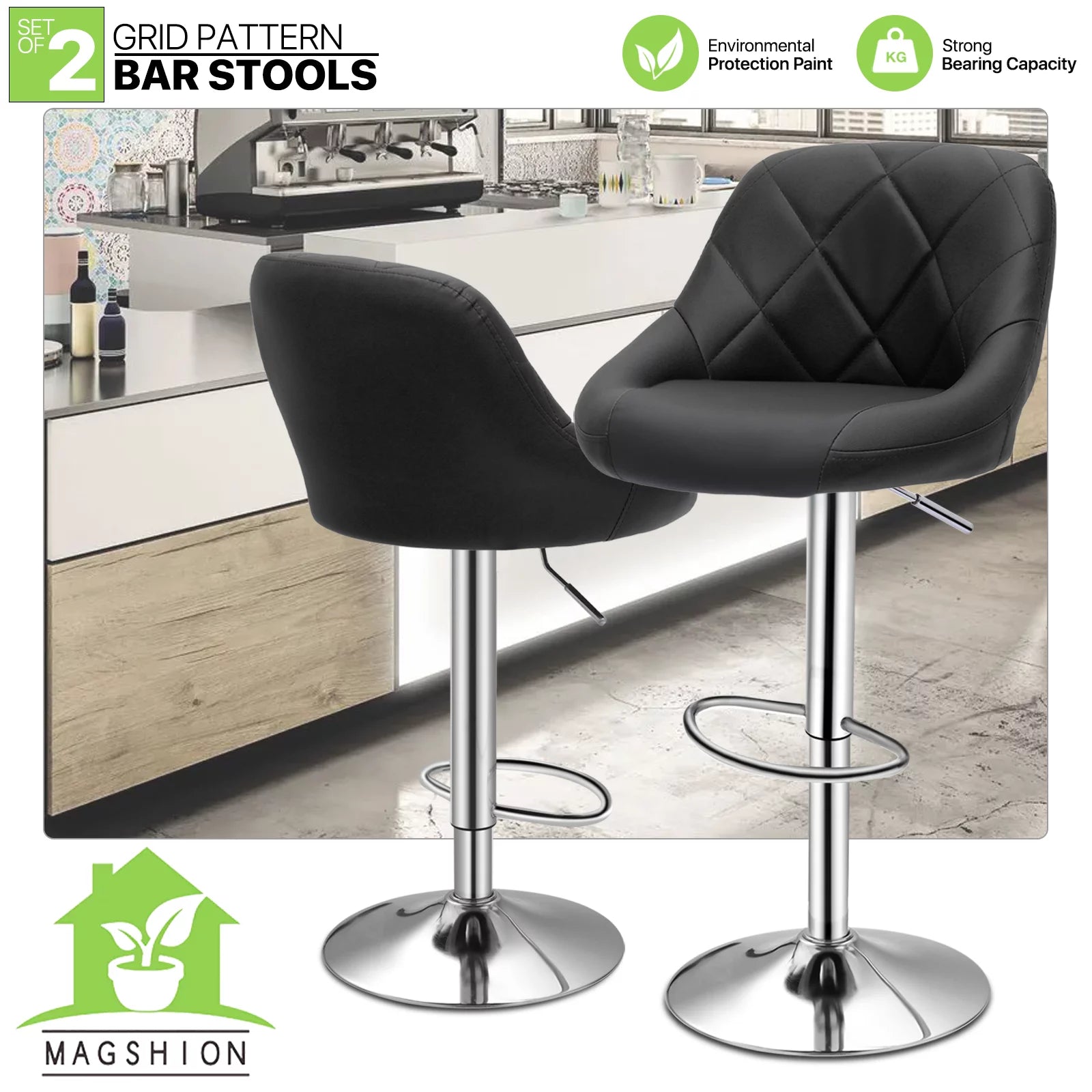 Set of 2 Faux Leather Adjustable Swivel Bar Stools with Backrest P16952
