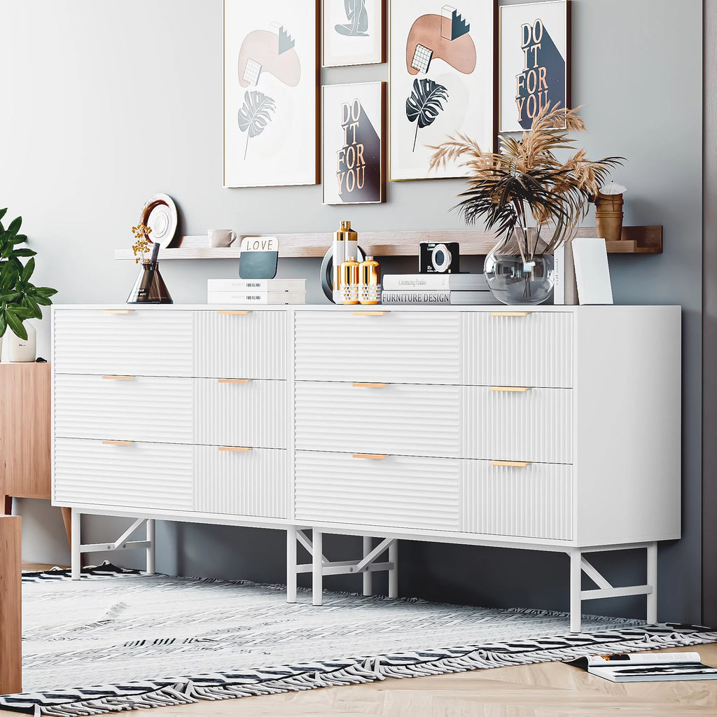 6 Drawer Dresser for Bedroom, Modern Creamy Wave Panel Wood Storage Cabinet X881