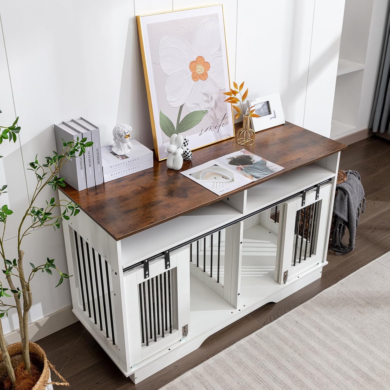 55" Double Dog Crate Furniture, Wooden End Table with Drawers, Indoor Kennel for Small/Medium Dogs X54991