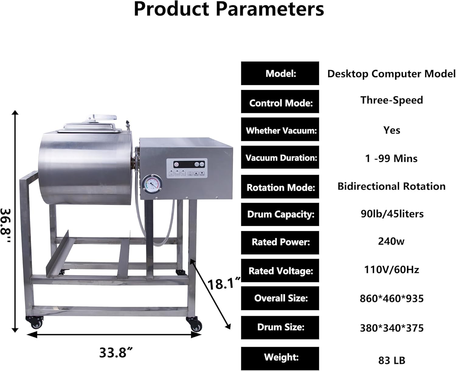 Meat Tumbler 90lb Vacuum Curing Machine for Jerky, Sausage & Bacon R16103
