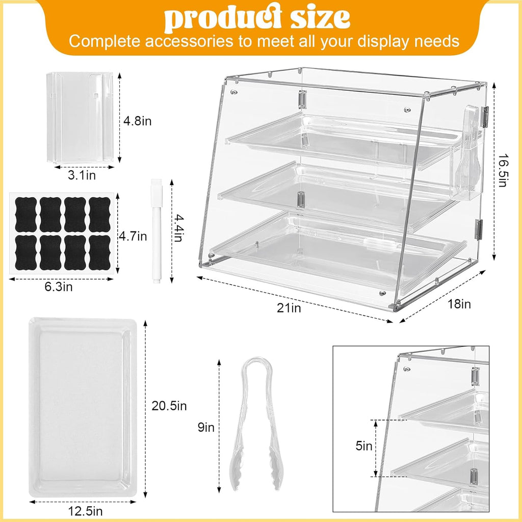 3 Tier Acrylic Bakery Display Case with Doors and Serving Tong E707