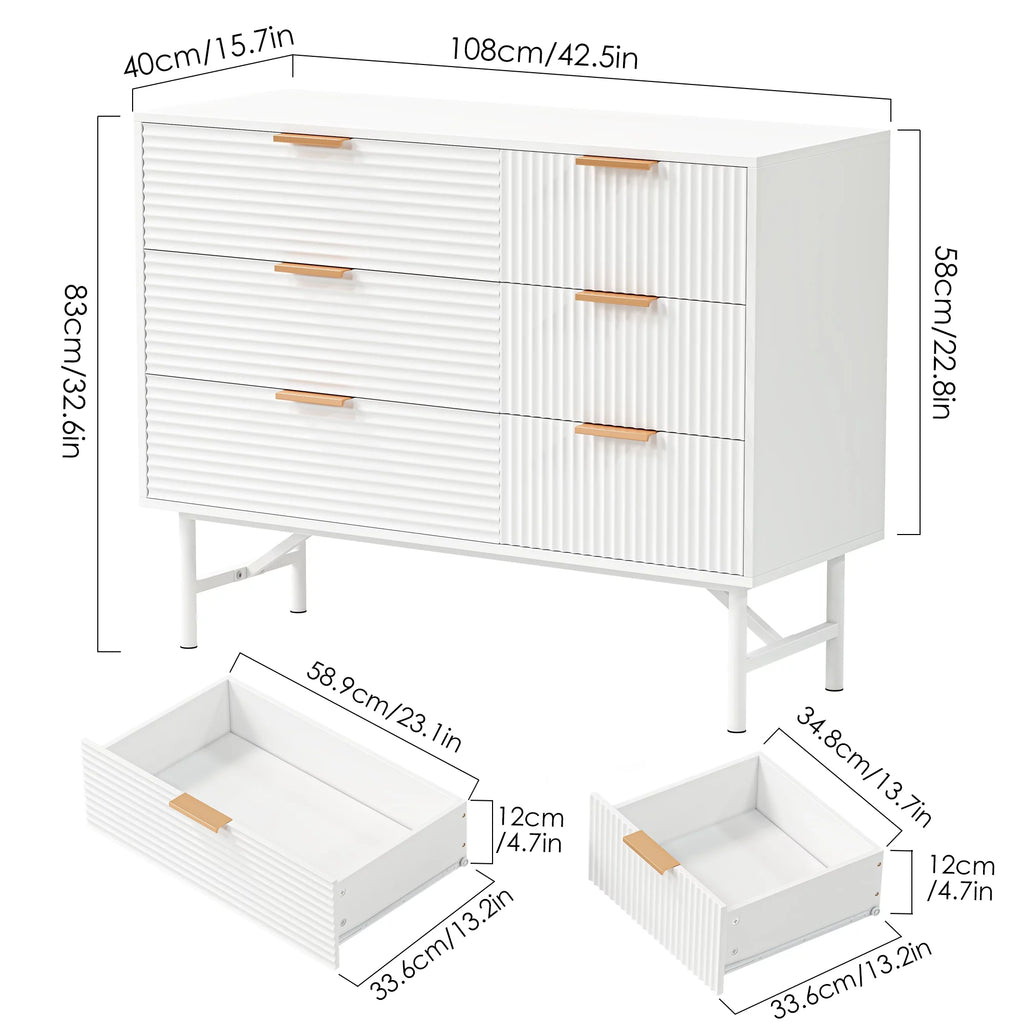 6 Drawer Dresser for Bedroom, Modern Creamy Wave Panel Wood Storage Cabinet X881