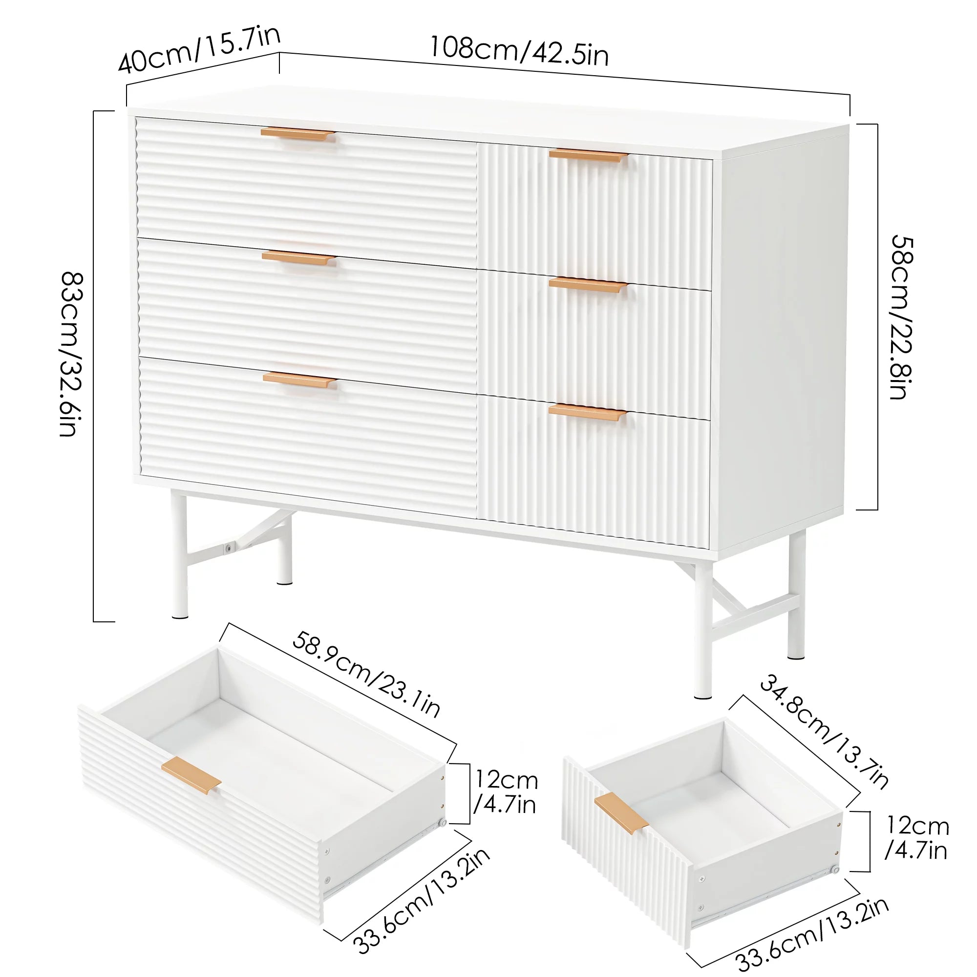 6 Drawer Dresser for Bedroom, Modern Creamy Wave Panel Wood Storage Cabinet X881