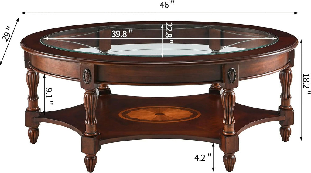 Oval Coffee Table with Glass Top, Solid Wood, Vintage Style K79990