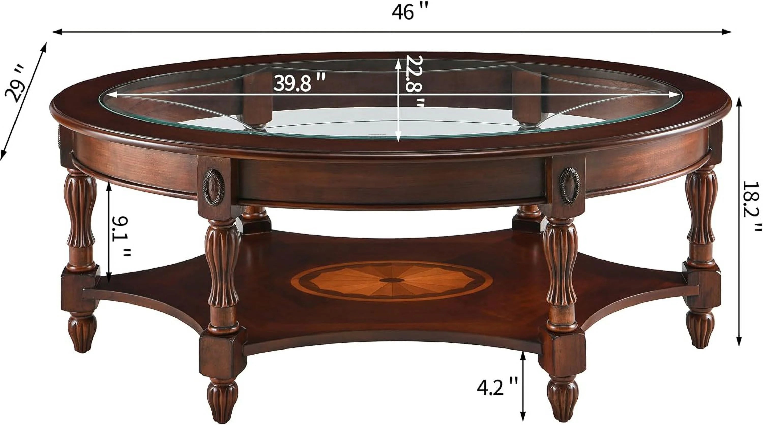 Oval Coffee Table with Glass Top, Solid Wood, Vintage Style K79990