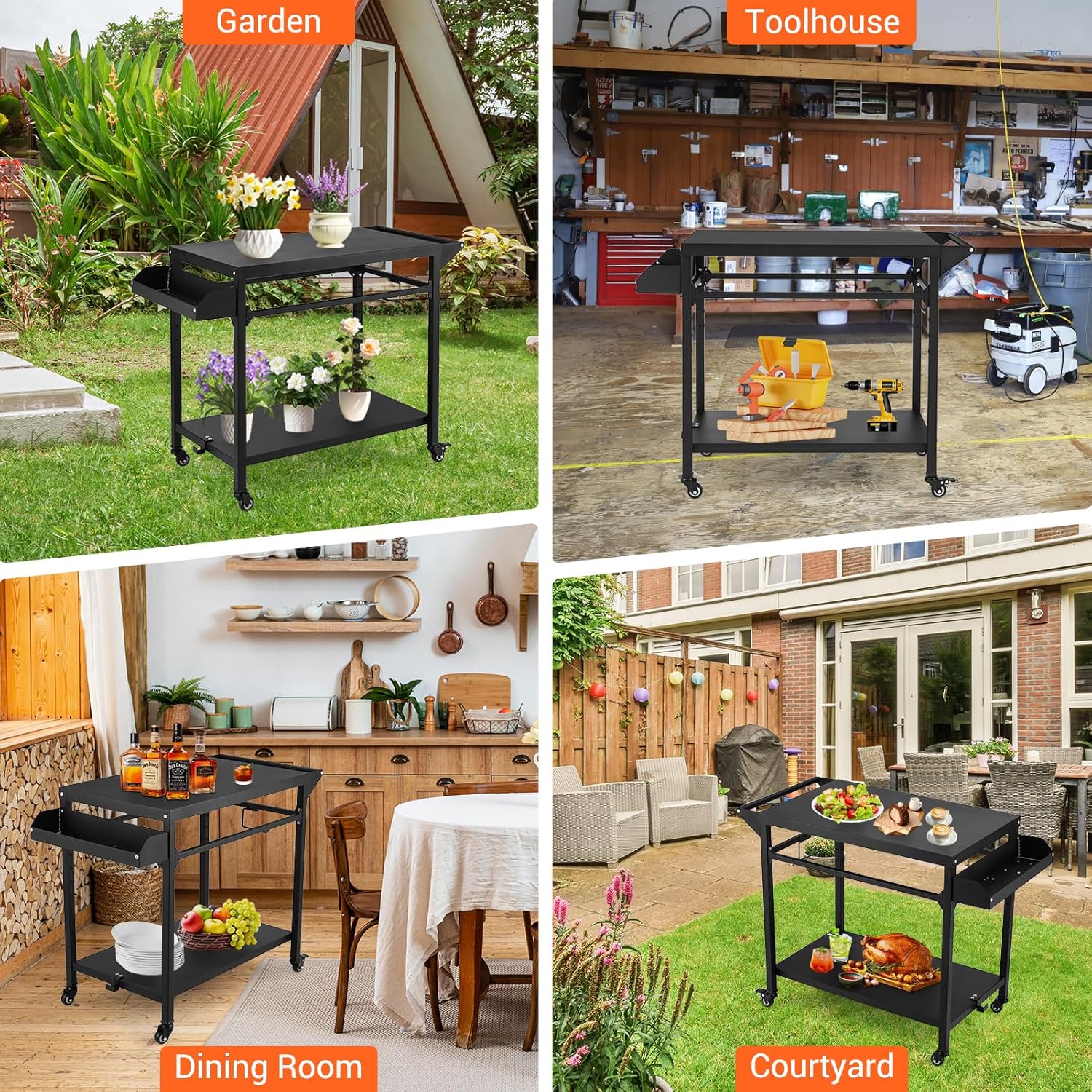 Outdoor Grill Cart with Lockable Wheels, Heavy Duty BBQ Prep Table I6010