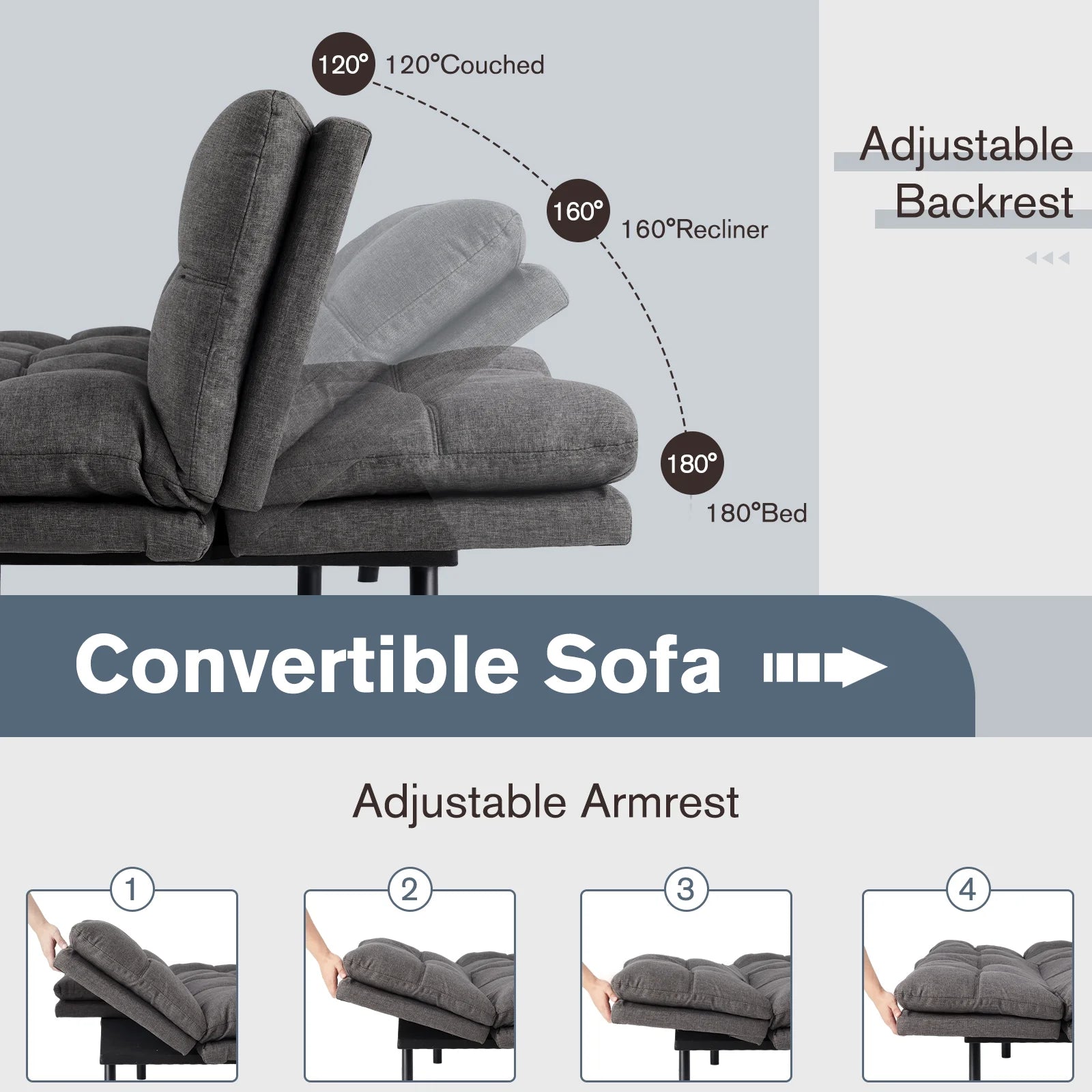 Convertible Futon Sofa Bed with Memory Foam, Gray Y8942