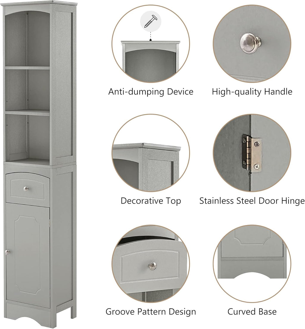 Narrow Freestanding Bathroom Storage Cabinet with 3-Tier Shelf and Drawer O805