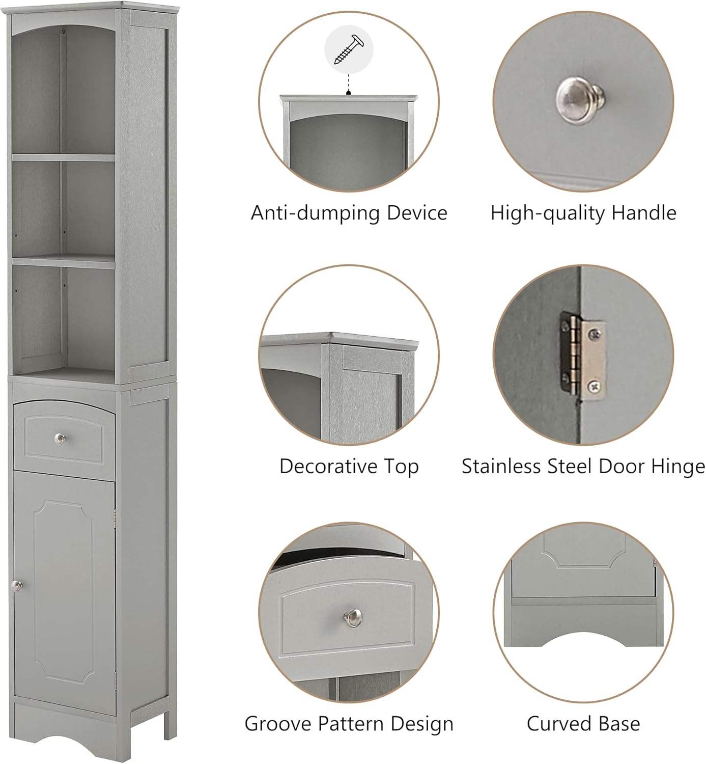Narrow Freestanding Bathroom Storage Cabinet with 3-Tier Shelf and Drawer O805
