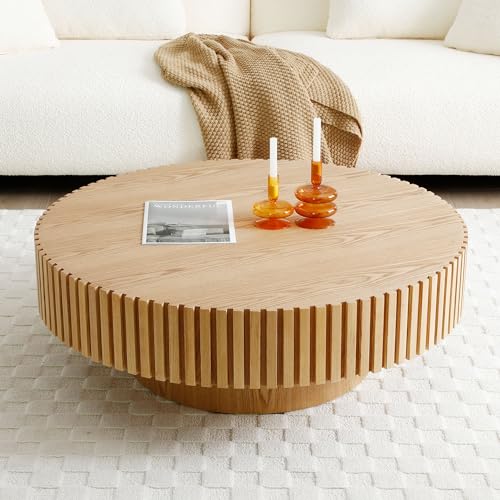 Walnut Wood Round Coffee Table with Vertical Texture A7453