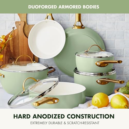 Hard Anodized Ceramic Nonstick 10 Piece Cookware Set, Gold Handle, Dishwasher Safe, Oven Safe W6982