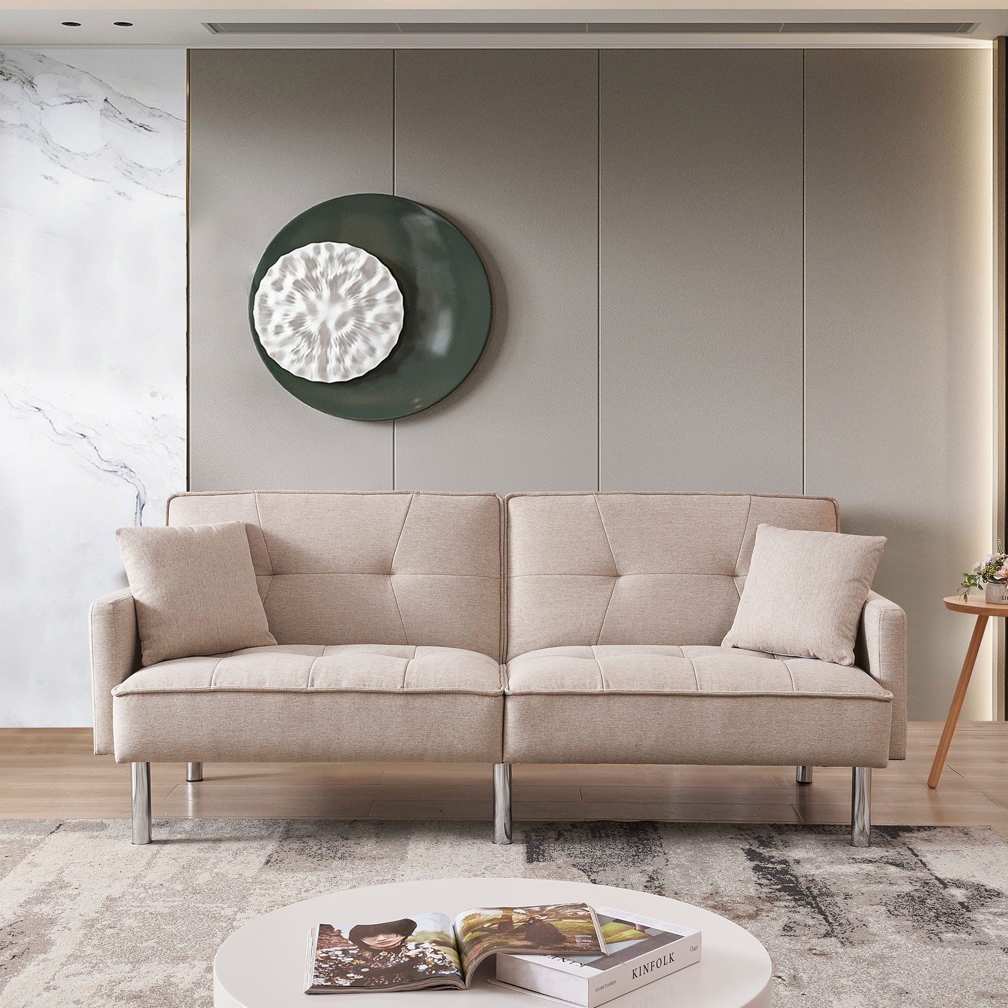 Extra Long Tufted Beige Fabric Futon Adjustable Sofa Bed J212