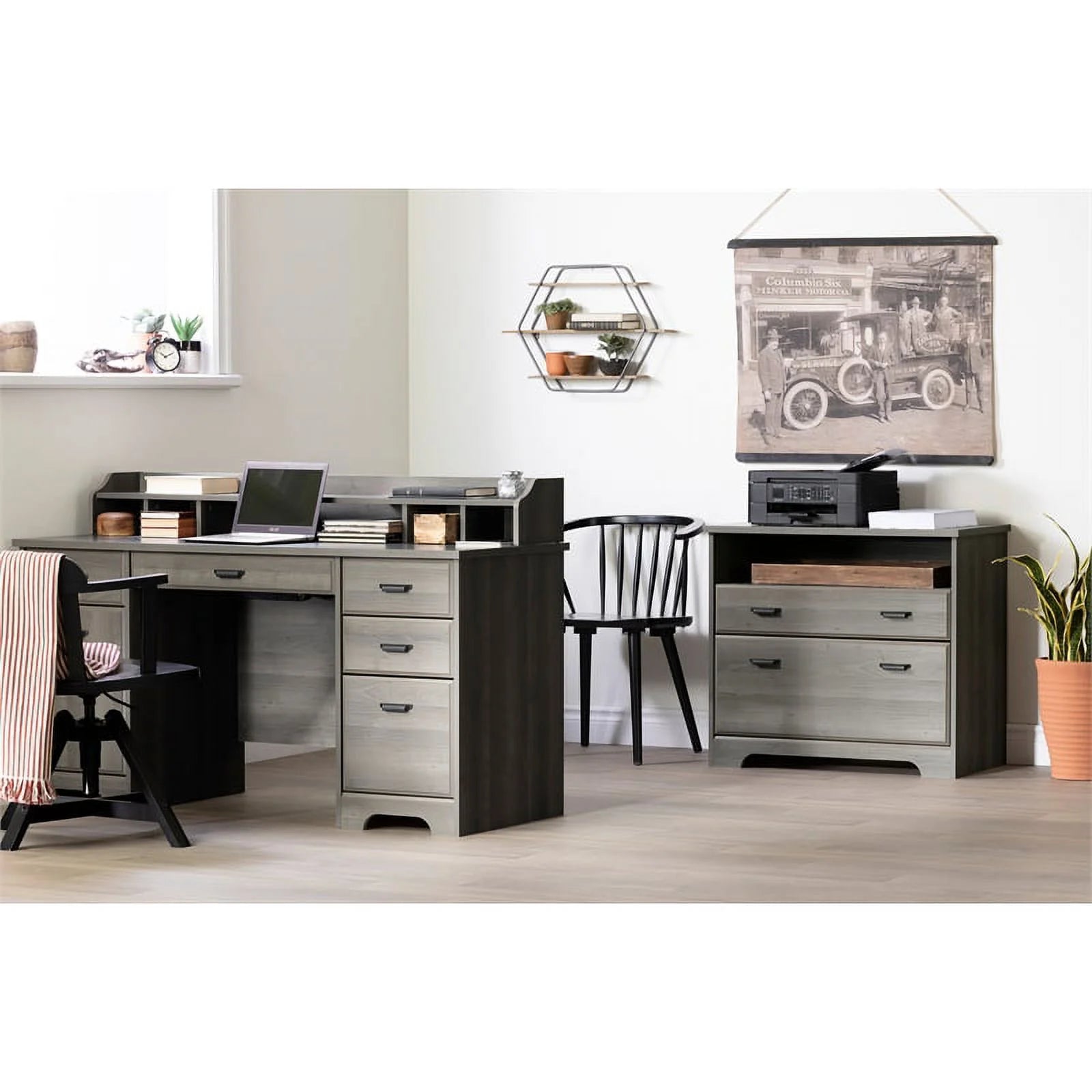 Desk with Hutch and 2-Drawer File Cabinet Set in Gray Maple U9583